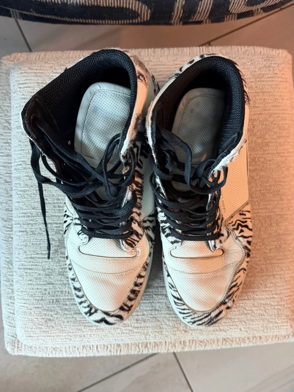 Saint Laurent White and Black Zebra-Print High-Top Sneakers